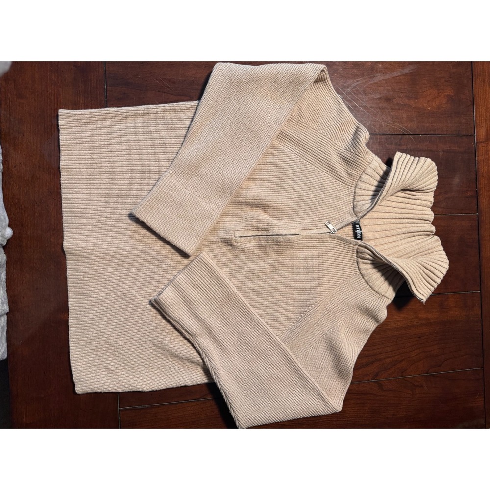 BTFBM‎ Women's Beige Ribbed Knit Quarter Zip Mock Neck Sweater S